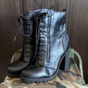 Soda Black Lace-Up Chunky Heel Ankle Boots